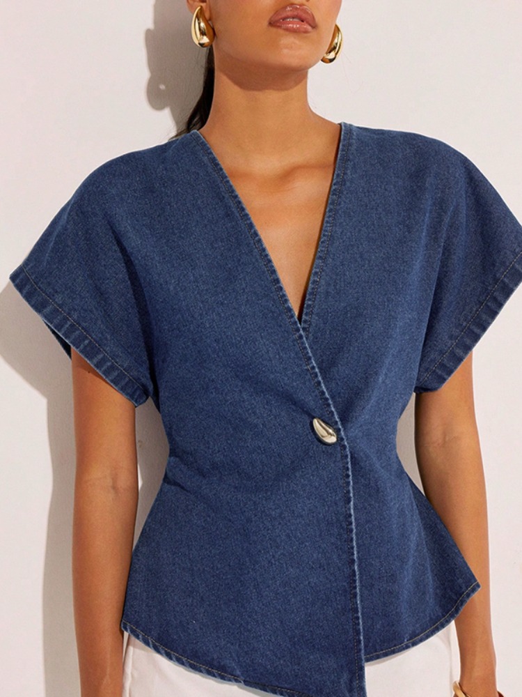 Summer Clothing Wraps - 2026Women Dark Blue Denim Blouse women's