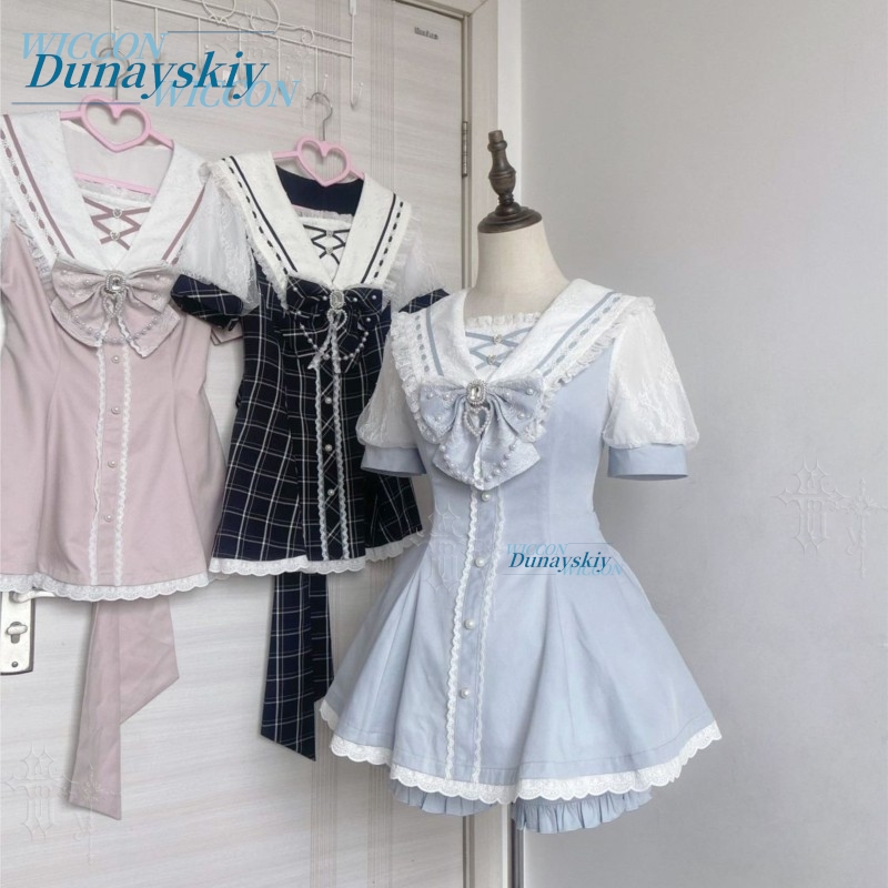 Summer Clothing Colors - Sailor Collar Dress Set Lace Bow